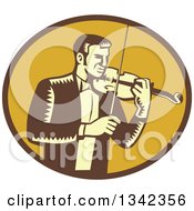 Retro Woodcut Male Violinist Playing A Fiddle In A Brown And Yellow Oval