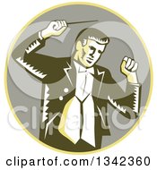 Poster, Art Print Of Retro Woodcut Male Music Conductor Holding A Baton In A Yellow And Taupe Circle