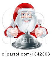 Clipart Of A Happy Hungry Christmas Santa Claus Sitting With A Cloche Platter And Holding Silverware Royalty Free Vector Illustration