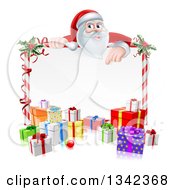 Clipart Of A Cartoon Christmas Santa Claus Pointing Down Over A Blank Sign With Gifts 2 Royalty Free Vector Illustration
