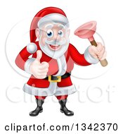 Poster, Art Print Of Happy Christmas Santa Claus Plumber Holding A Plunger And Giving A Thumb Up 4