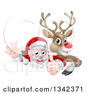 Poster, Art Print Of Cartoon Christmas Red Nosed Reindeer And Santa Giving A Thumb Up And Waving Above A Sign