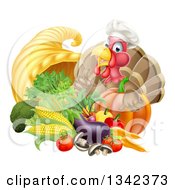 Poster, Art Print Of Chef Turkey Bird Giving A Thumb Up Over A Pumpkin And Harvest Cornucopia 2