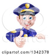 Poster, Art Print Of Cartoon Happy Caucasian Male Police Officer Giving A Thumb Up Over A Sign