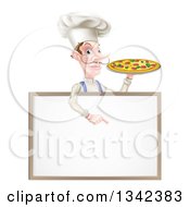 Poster, Art Print Of White Male Chef With A Curling Mustache Holding A Pizza And Pointing Down Over A Blank Menu Sign Board