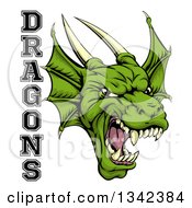 Poster, Art Print Of Roaring Green Horned Dragon Mascot Face With Text