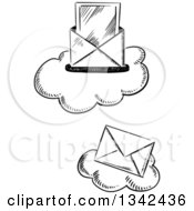 Poster, Art Print Of Black And White Sketched Mail Envelopes Over Clouds