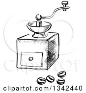 Clipart Of A Black And White Sketched Vintage Coffee Grinder And Beans Royalty Free Vector Illustration