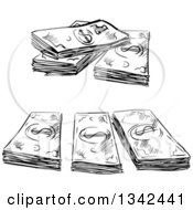Clipart Of A Black And White Sketched Cash Money Bundles Royalty Free Vector Illustration