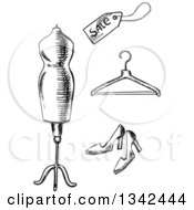 Clipart Of A Black And White Sketched Mannequin Sales Tag Hanger And High Heels Royalty Free Vector Illustration by Vector Tradition SM