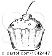 Clipart Of A Black And White Sketched Cupcake Topped With A Cherry Royalty Free Vector Illustration
