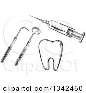 Poster, Art Print Of Black And White Sketched Vaccine Syringe Dental Tools And A Tooth