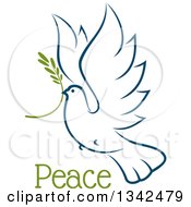 Poster, Art Print Of Sketched Flying Navy Blue Peace Dove With A Branch And Text 4