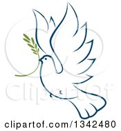 Poster, Art Print Of Sketched Flying Navy Blue Peace Dove With A Branch 4