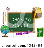 Poster, Art Print Of Cartoon Chalkboard With Back To School Text And Characters 2
