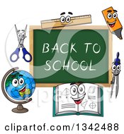 Poster, Art Print Of Cartoon Chalkboard With Back To School Text And Characters