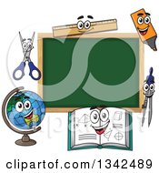 Cartoon Blank Chalkboard With School Characters