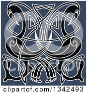 Clipart Of Black And White Celtic Knot Cranes Or Herons On Blue Royalty Free Vector Illustration