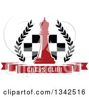 Clipart Of A Red Chess Queen Over A Board And Text Banner With A Wreath Royalty Free Vector Illustration