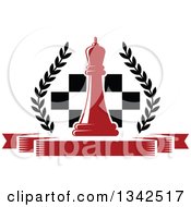 Red Chess Queen Over A Board And Blank Red Banner With A Wreath