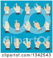 Poster, Art Print Of Flat Design White Business Mans Hands With Multitouch Gestures For Tablet Or Smartphone Over Blue