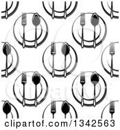 Clipart Of A Seamless Background Design Pattern Of Black And White Plates Spoons And Forks Royalty Free Vector Illustration by Vector Tradition SM