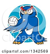 Poster, Art Print Of Cartoon White Outlined Blue Owl Playing Volleyball Over A Circle