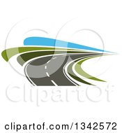 Poster, Art Print Of Curving Two Lane Road With Green Grass And Blue Sky