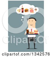 Flat Design White Businessman Carrying A Tray Of Food And Thinking Of Other Cravings Over Blue