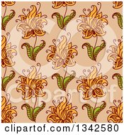 Clipart Of A Seamless Background Design Of Orange Lily Flowers Over Beige Royalty Free Vector Illustration