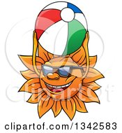 Poster, Art Print Of Cartoon Happy Sun Character Playing With A Beach Ball