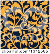 Poster, Art Print Of Seamless Background Pattern Of Yellow Vintage Floral Scrolls On Navy Blue 2