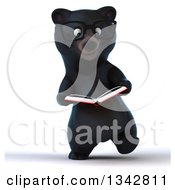 Clipart Of A 3d Bespectacled Happy Black Bear Walking And Reading A Book Royalty Free Illustration