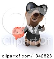 Clipart Of A 3d Happy Brown Business Bear Wearing Sunglasses Holding Up A Thumb And A Piggy Bank Royalty Free Illustration by Julos