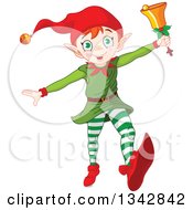 Poster, Art Print Of Happy White Male Christmas Elf Running With A Bell