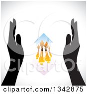 Poster, Art Print Of Pair Of Black Hands Framing A Gradient Orange Family And Home With A Reflection Over Shading