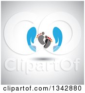 Clipart Of Blue Parent Hands Around Baby Foot Prints Over Shading Royalty Free Vector Illustration by ColorMagic