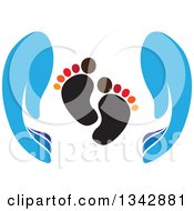 Poster, Art Print Of Blue Parent Hands Around Baby Foot Prints