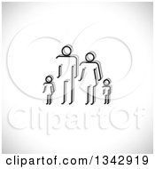 Clipart Of A Simple Black And White Family Of Four Over Shading Royalty Free Vector Illustration