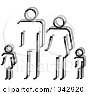 Clipart Of A Simple Black And White Family Of Four With A Shadow Royalty Free Vector Illustration