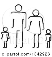 Clipart Of A Simple Black And White Family Of Four Royalty Free Vector Illustration