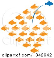 Poster, Art Print Of Group Of Orange Fish With A Blue One Leaping Out In The Opposite Direction