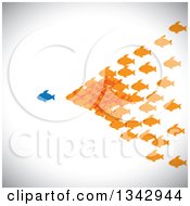 Poster, Art Print Of Group Of Orange Fish Following A Blue Fish Over Shading