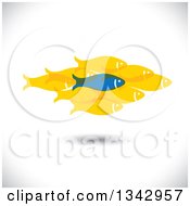 Poster, Art Print Of Blue Fish Standing Out From A Group Of Yellow Fish Over Shading