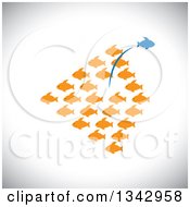 Clipart Of A Group Of Orange Fish With A Blue One Leaping Out In The Opposite Direction Over Shading Royalty Free Vector Illustration