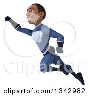 Clipart Of A 3d Young Black Male Super Hero Dark Blue Suit Flying Up To The Left Royalty Free Illustration