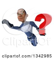 Clipart Of A 3d Young Black Male Super Hero Dark Blue Suit Holding A Question Mark And Flying Royalty Free Illustration