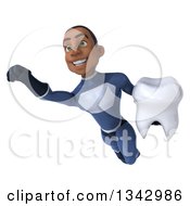 Clipart Of A 3d Young Black Male Super Hero Dark Blue Suit Holding A Tooth And Flying Royalty Free Illustration