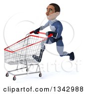 Clipart Of A 3d Young Black Male Super Hero Dark Blue Suit Sprinting To The Left With A Shopping Cart Royalty Free Illustration