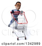 Clipart Of A 3d Young Black Male Super Hero Dark Blue Suit Struggling With A Shopping Cart Royalty Free Illustration
